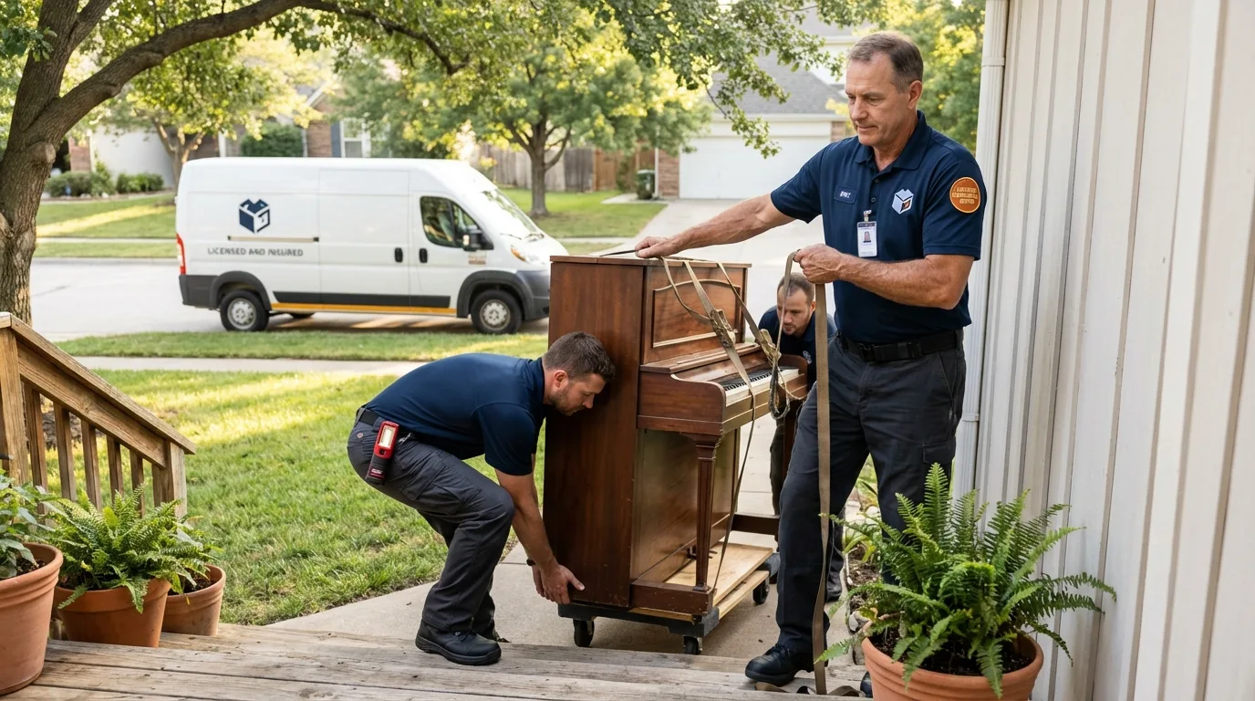 Licensed piano movers securing grand piano in Charlestown, IN