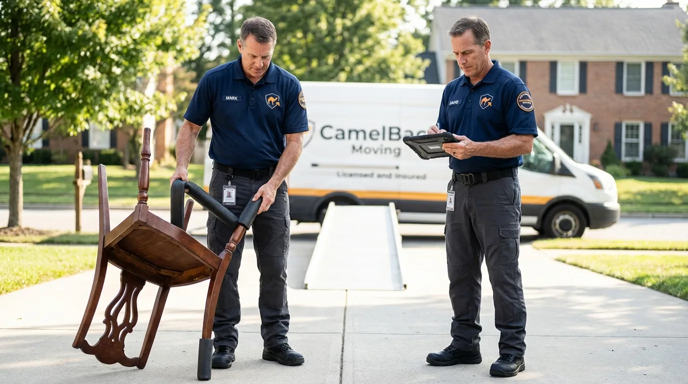 Movers inspecting furniture for damage prevention before loading in Charlestown, IN