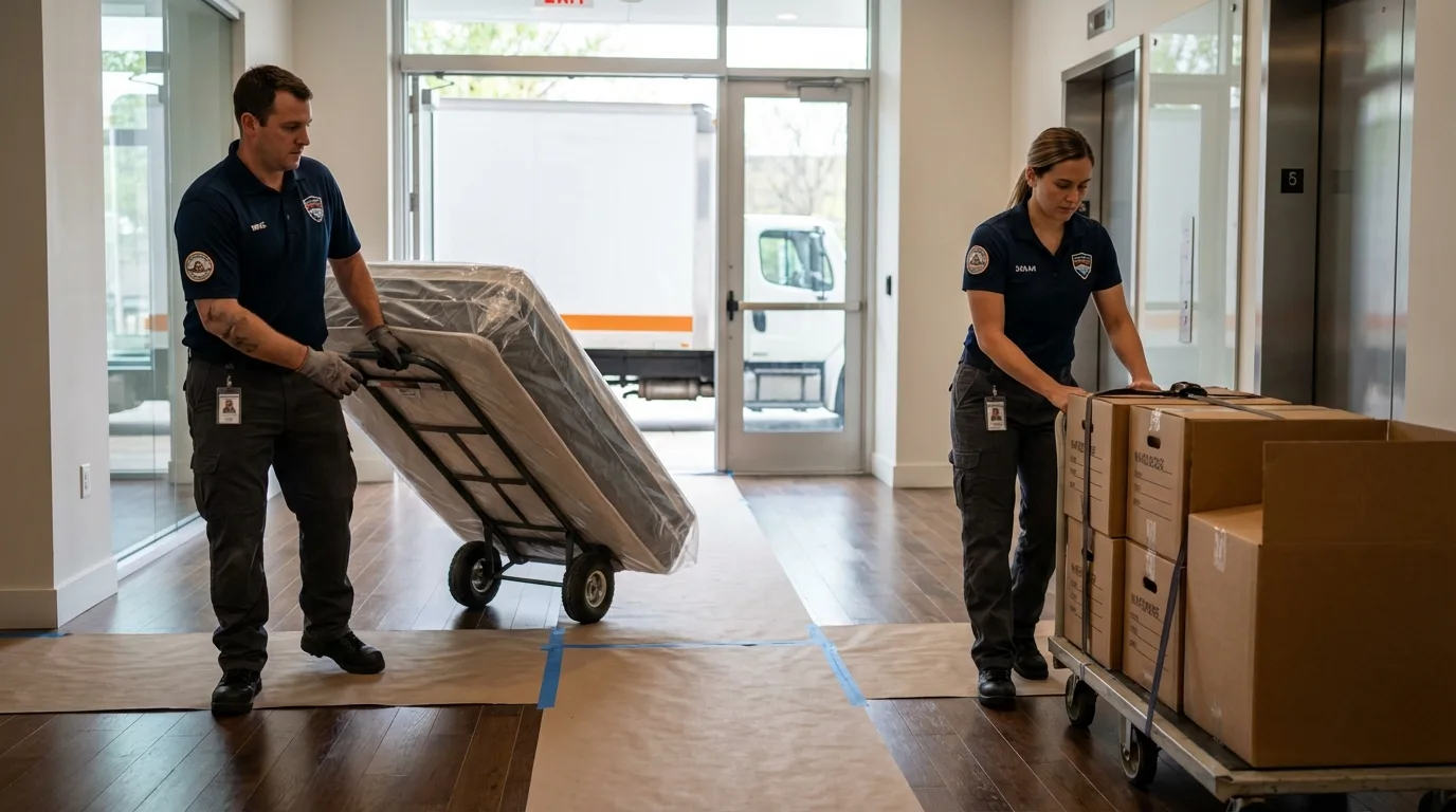 Professional apartment movers loading elevator in Charlestown, IN