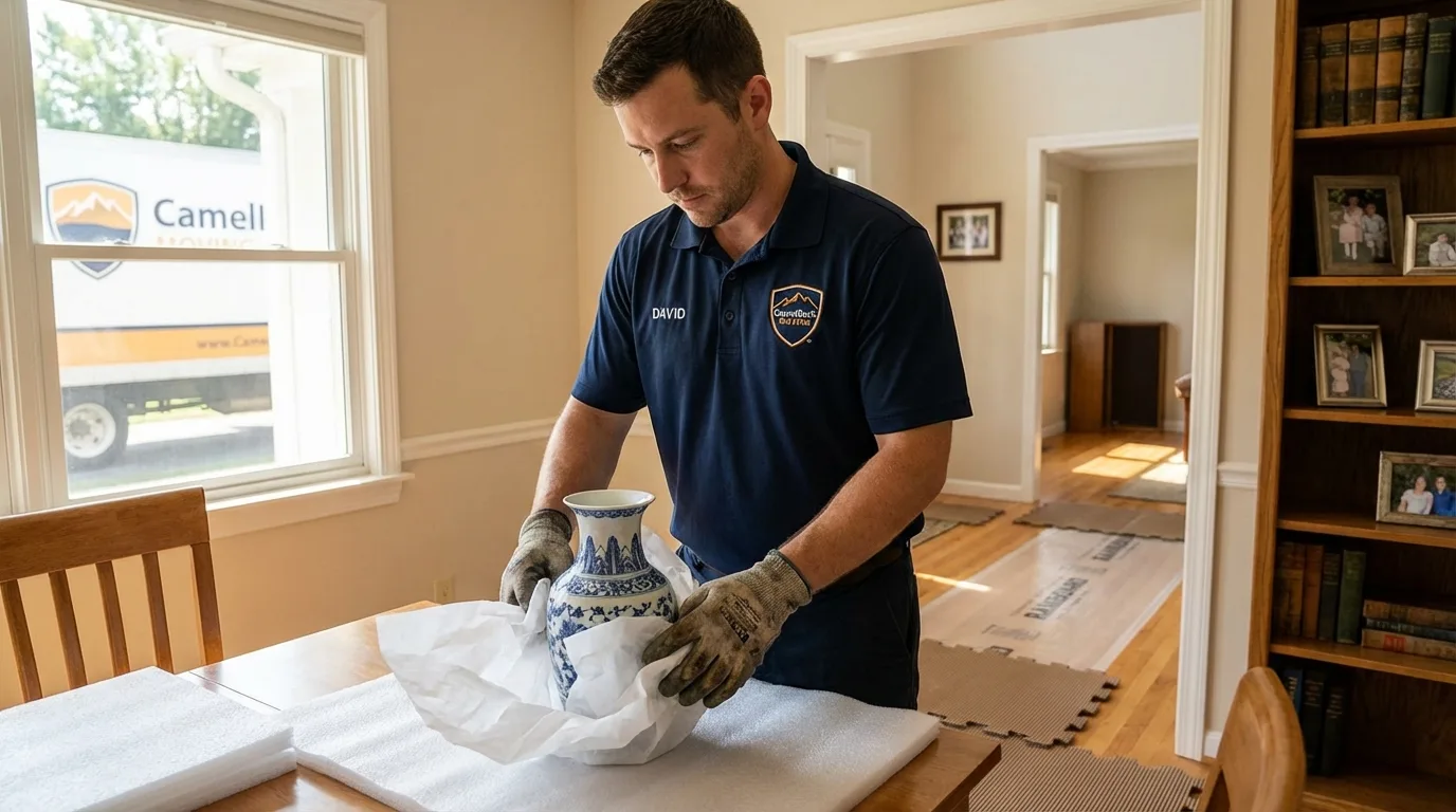 Professional crew carefully wrapping antique vase for senior downsizing move in Charlestown, IN